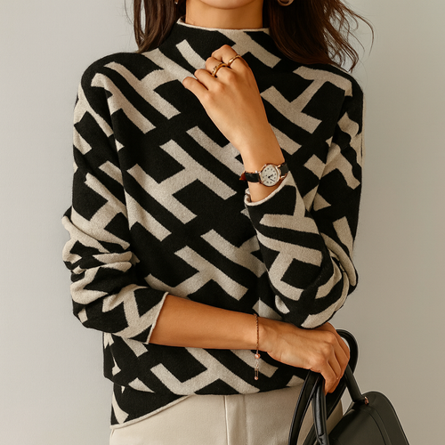 Pullover med geometriskt mönster och hög krage – Slående & Modern