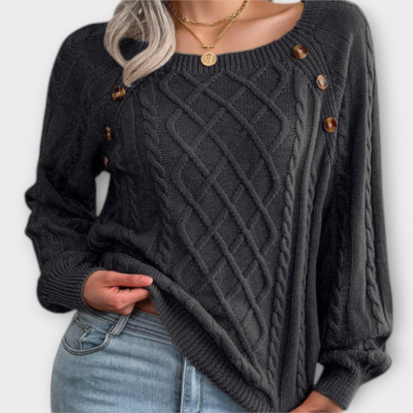 Elegant flätmönster-tröja – Med knappdetaljer